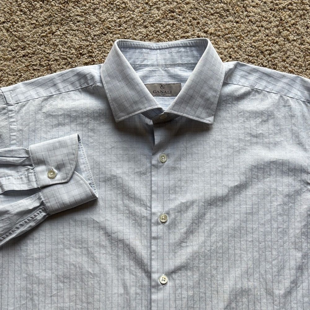 *Luxury* Canali 1934 Men’s Light Blue White Check Spread Collar Dress Shirt 16.5